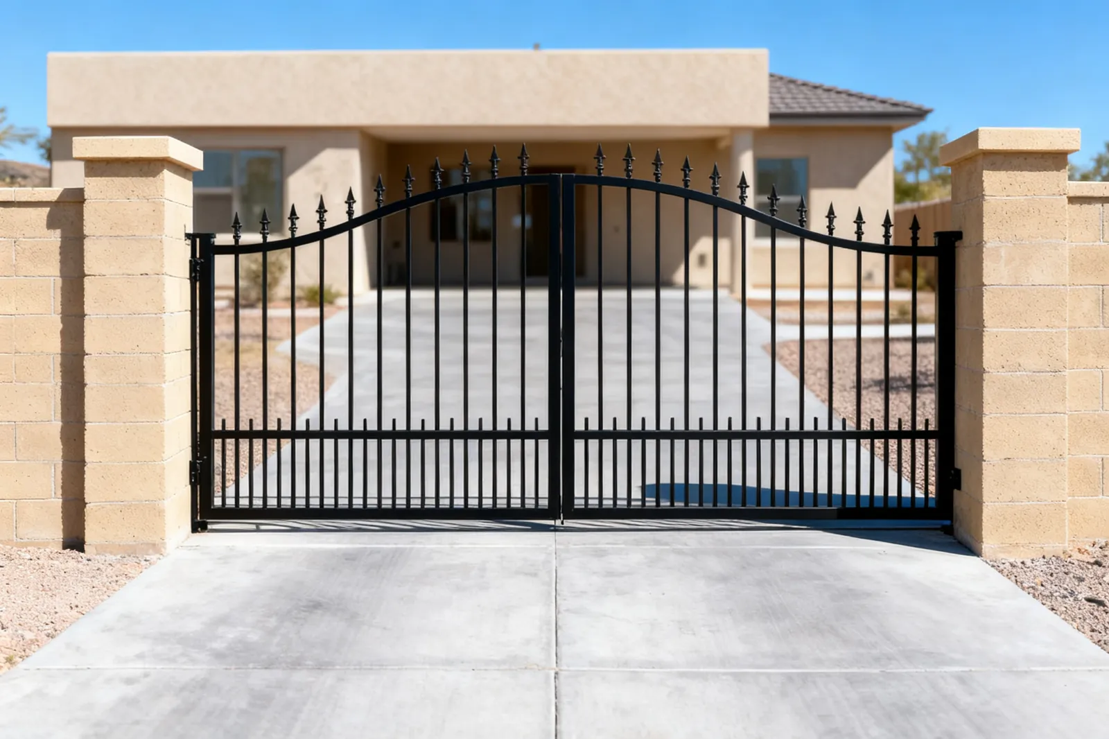 Black wrought iron arched double swing driveway gate rendering