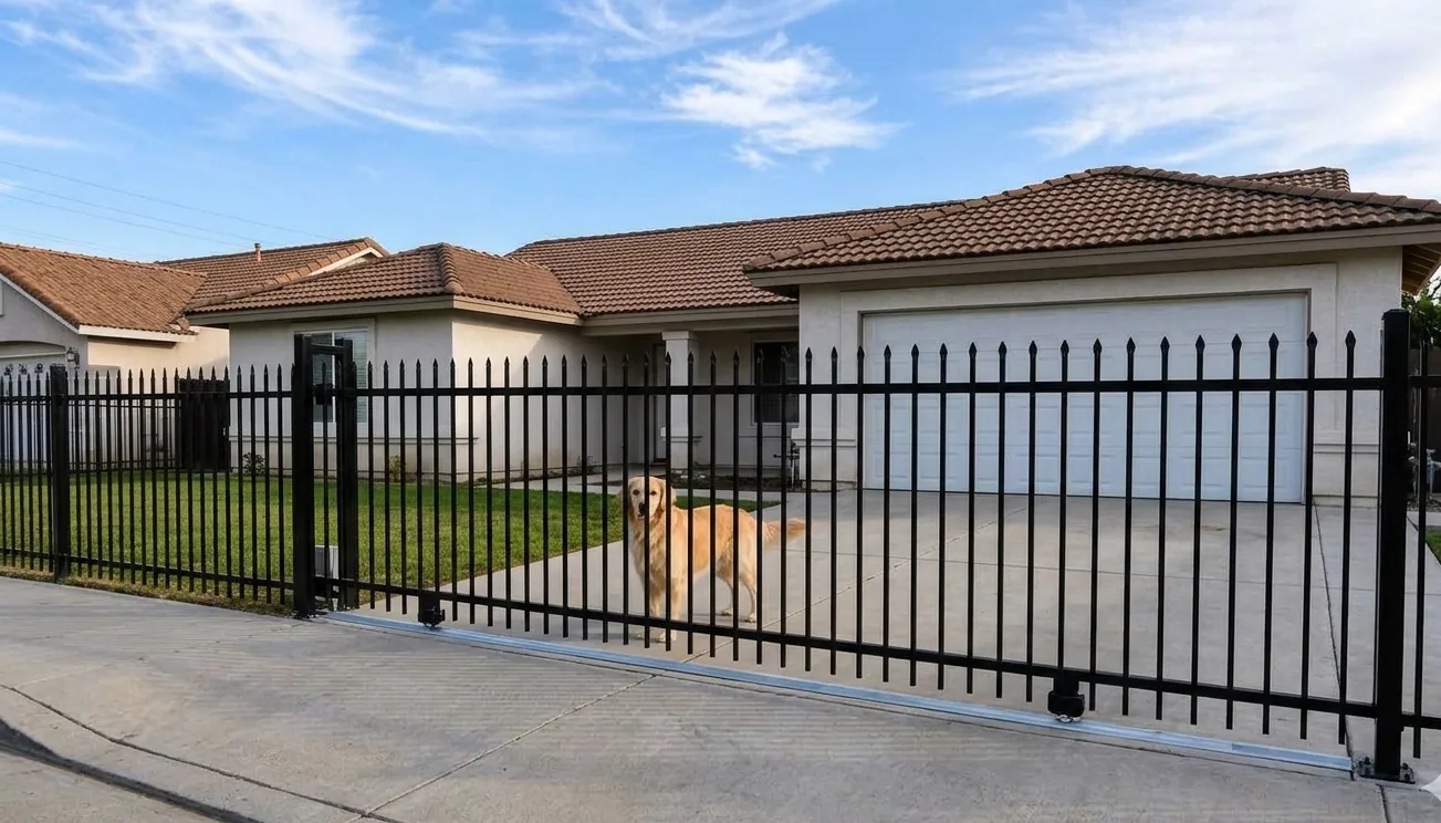 Black wrought iron 4-foot sliding driveway gate with matching see-through fence on a front yard